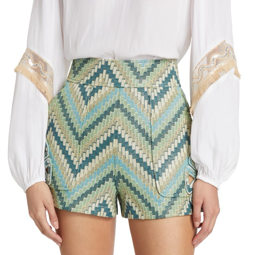Ramy Brook Green and Cream Chevron High Waist Shorts